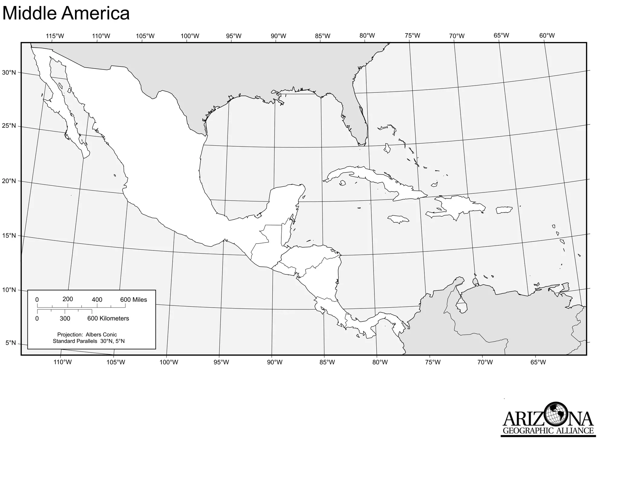 Middle America
           115°W           110°W           105°W           100°W      95°W   90°W   85°W    80°W      75°W          70°W          65°W     60°W




30°N




25°N




20°N




15°N




10°N
       0       200         400        600 Miles


       0      300        600 Kilometers

              Projection: Albers Conic
5°N         Standard Parallels 30°N, 5°N


             110°W               105°W             100°W           95°W      90°W    85°W      80°W          75°W          70°W          65°W
 