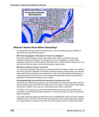 Geocoding – Assigning Coordinates to Records




   What Do I Need to Know Before Geocoding?
       It is important to know your data and what you want to use it for before you select a method of
       geocoding. Ask yourself these questions:

       What kind of geographic information do I have in my database?
       Do you have street addresses, towns, cities, postal codes, states, countries? Do you have
       potentially ambiguous information? For example, if you have a database of customer street
       addresses, will you have 125 Main Street in Smithtown and a 125 Main Street in Nassau? If so, you
       may have to refine your search using town boundaries or postal codes.
       What kind of maps do I have to work with?
       You will need computerized maps that are at the level of detail that match your data. For example, if
       you want to geocode a database of customers in specific counties by street address, you will need
       maps of the desired counties that go to street level. A map of the United States that only goes to a
       county level would not work for you. You can purchase the appropriate maps for your geocoding
       application from MapInfo Professional or your reseller.
       How geographically accurate does the placement of my data have to be?
       Taking into account the first two questions, you must decide how accurate the geocoding must be. If
       you are trying to pinpoint the locations of cable wires, crime scenes, or fire hydrants, a high degree
       of accuracy is needed. In this case, you should geocode your data to street level.
       If, however, you are going to use your data to thematically shade postal code boundaries, town
       boundaries, county boundaries, state boundaries, or country boundaries, you may not need a high
       degree of accuracy.
       In this case, geocoding against boundary files such as USZIPBDY.tab, which we provide, would be
       sufficient for your needs. Since this file does not include point postal codes (postal codes assigned
       to a single building or company), the hit rate may not be as good as when you geocode by street.




212                                                                               MapInfo Professional v. 9.0
 