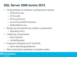 SQL Server 2008 kontra 2012
• Understøttelse af cirkelbuer og tilhørende metoder
– STNumCurves
– STCurveN
– STCurveToLine
– CurveToLineWithTolerance
– BufferWithCurves
• Beregning af korteste linje mellem to geometrier
– ShortestLineTo
• Validering af geometrier
– Mere tolerant
– IsValidDetailed
• Præcision forbedret fra 27 til 48 bits
– færre afrundingsproblemer
• Mere automatisk oprettelse af spatiale indeks
 