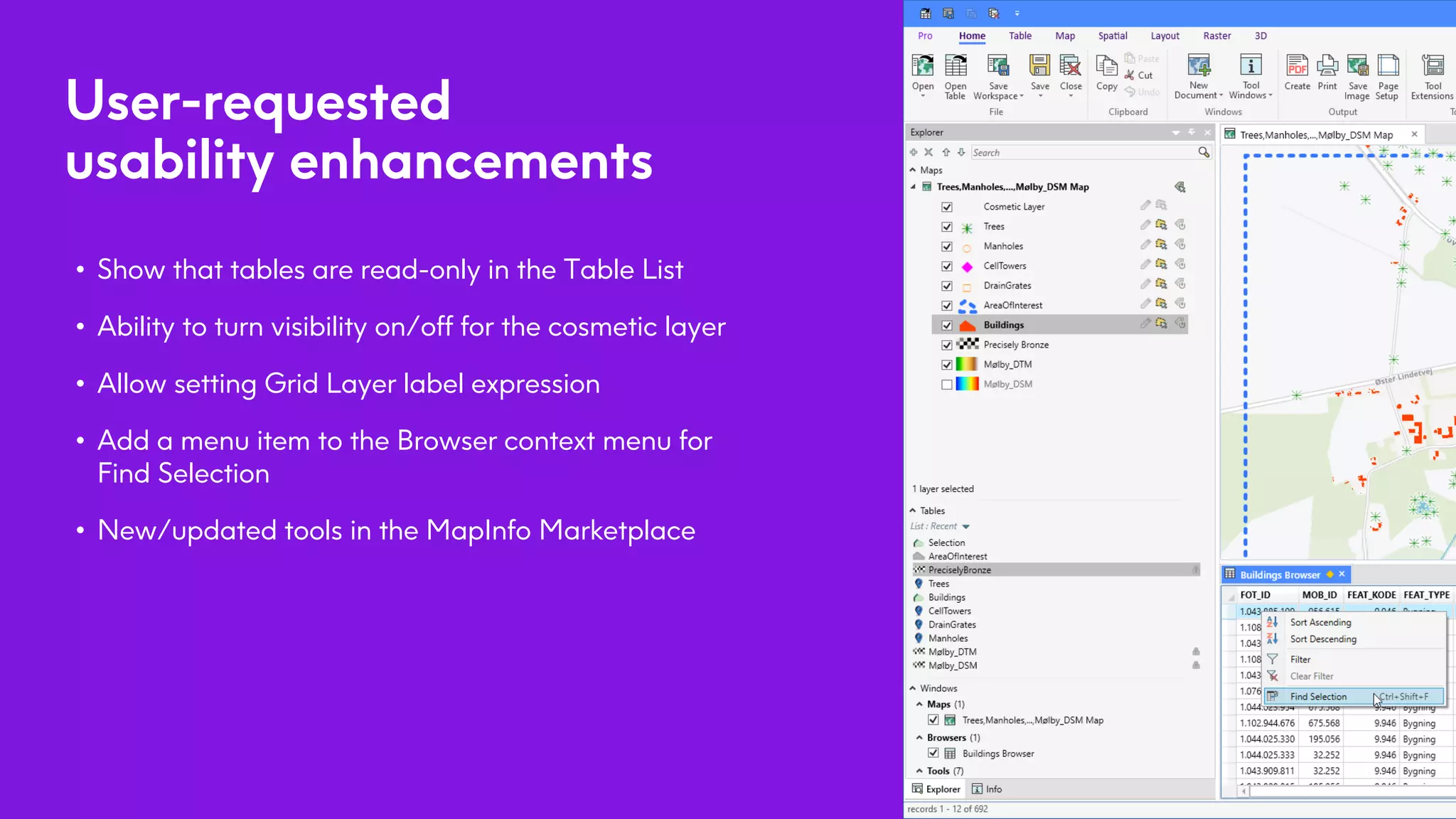User-requested
usability enhancements
• Show that tables are read-only in the Table List
• Ability to turn visibility on/off for the cosmetic layer
• Allow setting Grid Layer label expression
• Add a menu item to the Browser context menu for
Find Selection
• New/updated tools in the MapInfo Marketplace
5
 