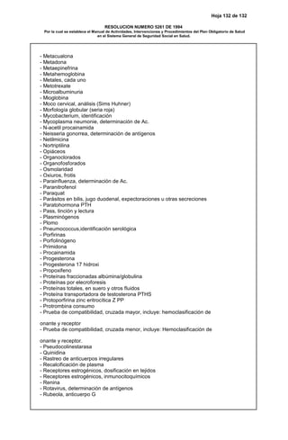 Hoja 132 de 132
RESOLUCION NUMERO 5261 DE 1994
Por la cual se establece el Manual de Actividades, Intervenciones y Procedimientos del Plan Obligatorio de Salud
en el Sistema General de Seguridad Social en Salud.
- Metacualona
- Metadona
- Metaepinefrina
- Metahemoglobina
- Metales, cada uno
- Metotrexate
- Microalbuminuria
- Mioglobina
- Moco cervical, análisis (Sims Huhner)
- Morfología globular (seria roja)
- Mycobacterium, identificación
- Mycoplasma neumonie, determinación de Ac.
- N-acetil procainamida
- Neisseria gonorrea, determinación de antígenos
- Netilmicina
- Nortriptilina
- Opiáceos
- Organoclorados
- Organofosforados
- Osmolaridad
- Oxiuros, frotis
- Parainfluenza, determinación de Ac.
- Paranitrofenol
- Paraquat
- Parásitos en bilis, jugo duodenal, expectoraciones u otras secreciones
- Paratohormona PTH
- Pass, tinción y lectura
- Plasminógenos
- Plomo
- Pneumococcus,identificación serológica
- Porfirinas
- Porfolinógeno
- Primidona
- Procainamida
- Progesterona
- Progesterona 17 hidroxi
- Propoxifeno
- Proteínas fraccionadas albúmina/globulina
- Proteínas por elecroforesis
- Proteínas totales, en suero y otros fluidos
- Proteína transportadora de testosterona PTHS
- Protoporfirina zinc eritrocítica Z PP
- Protrombina consumo
- Prueba de compatibilidad, cruzada mayor, incluye: hemoclasificación de
onante y receptor
- Prueba de compatibilidad, cruzada menor, incluye: Hemoclasificación de
onante y receptor.
- Pseudocolinestarasa
- Quinidina
- Rastreo de anticuerpos irregulares
- Recalcificación de plasma
- Receptores estrogénicos, dosificación en tejidos
- Receptores estrogénicos, inmunocitoquímicos
- Renina
- Rotavirus, determinación de antígenos
- Rubeola, anticuerpo G
 