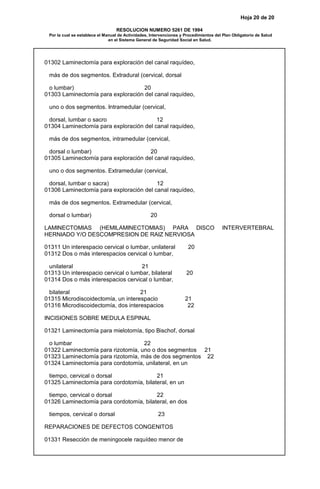 Hoja 20 de 20
RESOLUCION NUMERO 5261 DE 1994
Por la cual se establece el Manual de Actividades, Intervenciones y Procedimientos del Plan Obligatorio de Salud
en el Sistema General de Seguridad Social en Salud.
01302 Laminectomía para exploración del canal raquídeo,
más de dos segmentos. Extradural (cervical, dorsal
o lumbar) 20
01303 Laminectomía para exploración del canal raquídeo,
uno o dos segmentos. Intramedular (cervical,
dorsal, lumbar o sacro 12
01304 Laminectomía para exploración del canal raquídeo,
más de dos segmentos, intramedular (cervical,
dorsal o lumbar) 20
01305 Laminectomía para exploración del canal raquídeo,
uno o dos segmentos. Extramedular (cervical,
dorsal, lumbar o sacra) 12
01306 Laminectomía para exploración del canal raquídeo,
más de dos segmentos. Extramedular (cervical,
dorsal o lumbar) 20
LAMINECTOMIAS (HEMILAMINECTOMIAS) PARA DISCO INTERVERTEBRAL
HERNIADO Y/O DESCOMPRESION DE RAIZ NERVIOSA
01311 Un interespacio cervical o lumbar, unilateral 20
01312 Dos o más interespacios cervical o lumbar,
unilateral 21
01313 Un interespacio cervical o lumbar, bilateral 20
01314 Dos o más interespacios cervical o lumbar,
bilateral 21
01315 Microdiscoidectomía, un interespacio 21
01316 Microdiscoidectomía, dos interespacios 22
INCISIONES SOBRE MEDULA ESPINAL
01321 Laminectomía para mielotomía, tipo Bischof, dorsal
o lumbar 22
01322 Laminectomía para rizotomía, uno o dos segmentos 21
01323 Laminectomía para rizotomía, más de dos segmentos 22
01324 Laminectomía para cordotomía, unilateral, en un
tiempo, cervical o dorsal 21
01325 Laminectomía para cordotomía, bilateral, en un
tiempo, cervical o dorsal 22
01326 Laminectomía para cordotomía, bilateral, en dos
tiempos, cervical o dorsal 23
REPARACIONES DE DEFECTOS CONGENITOS
01331 Resección de meningocele raquídeo menor de
 