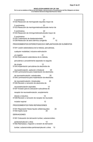 Hoja 21 de 21
RESOLUCION NUMERO 5261 DE 1994
Por la cual se establece el Manual de Actividades, Intervenciones y Procedimientos del Plan Obligatorio de Salud
en el Sistema General de Seguridad Social en Salud.
5 centímetros 21
01332 Resección de meningocele raquídeo mayor de
5 centímetros 21
01333 Resección de meningomieloradiculocele menor de
5 centímetros 22
01334 Resección de miningomieloradiculocele mayor de
5 centímetros 22
01335 Tratamiento de diastematomielia 21
01336 Resección de seno dérmico congénito 12
PROCEDIMIENTOS ESTEREOTAXICOS E IMPLANTACION DE ELEMENTOS
01341 Lesión estereotáxica de la médula, percutáneas,
cualquier modalidad, inclusive estimulación
y/o registro 21
01342 Estimulación esterotáxica de la médula,
percutánea o procedimiento separado no seguido
de cirugía 12
01343 Implantación percutánea de electrodos de
neuroestimulación, epidural o intradural 20
01344 Laminectomía para implantación de electrodos
de neuroestimulación, extradurales 20
01345 Laminectomía para implantación de electrodos
de neuroestimulación, intradurales 20
01346 Revisión o remoción de electrodos de
neuroestimulación espinales 12
01347 Incisión para la colocación subcutánea de
receptor de neuroestimulación, acoplamiento
directo o inductivo. 12
01348 Revisión o remoción de receptor de neuroesti-
mulador espinal 12
PROCEDIMIENTOS PARA REPARACIONES
01351 Reparación fístula líquido cefalorraquídeo 20
01352 Injerto dural 20
DERIVACIONES
01361 Colocación de derivación lumbar, subaracnoideo-
peritoneal-pleural u otras 12
01362 Reemplazo, irrigación o revisión de derivación
lumbar, subaracnoideo-peritoneal-pleural u otras 12
 