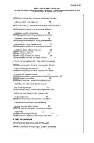Hoja 22 de 22
RESOLUCION NUMERO 5261 DE 1994
Por la cual se establece el Manual de Actividades, Intervenciones y Procedimientos del Plan Obligatorio de Salud
en el Sistema General de Seguridad Social en Salud.
01363 Remoción de todo el sistema de derivación lumbo-
subaracnoideo, sin remplazarlo 12
PROCEDIMIENTOS QUIRURGICOS DE COLUMNA CERVICAL
01371 Disquectomía cervical, abordaje anterior sin
artrodesis, un sólo interespacio 21
01372 Disquectomía cervical, abordaje anterior con
artrodesis, un sólo interespacio 21
01373 Disquectomía cervical, abordaje anterior sin
artrodesis dos o más interespacios 22
01374 Disquectomía cervical, abordaje anterior con
artrodesis, dos o más interespacios 22
01375 Cirugía de Cloward 23
01376 Cerclaje cervical 21
01377 Cerclaje e injerto por listesis 21
01378 Abordaje transoral por lesión cervical 23
OTROS PROCEDIMIENTOS Y CIRUGIAS DE RAQUIS
01380 Descompresión de canal intrarraquídeo dorsal o
dorso - lumbar, por vía anterior 22
01381 Descompresión de canal intrarraquídeo dorsal
o lumbar por vía antero-lateral 22
01382 Descompresión medular por abordaje costovertebral 21
01383 Discolisis enzimática 12
01384 Laminectomía y sección de los ligamentos
dentados, con o sin injerto dural o cervical
uno o dos segmentos 21
01385 Laminectomía y sección de los ligamentos den-
tados, con o sin injerto dural o cervical, más
de dos segmentos 22
01386 Laminectomía para resección u oclusión de
malformación arteriovenosa de la médula
cervical, dorsal o dorso-lumbar 23
01387 Microcirugía de raíces, médula y nervios por
aracnoiditis 22
01388 Nublectomia percutánea 22
01389 Instalación de bomba de infusión para dolor 12
4. PARES CRANEANOS
OPERACIONES SOBRE PARES CRANEANOS
01401 Anastomosis microquirúrgica de pares craneanos,
 