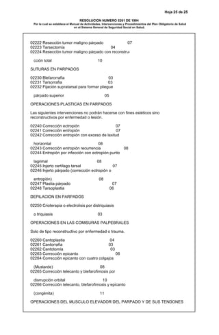 Hoja 25 de 25
RESOLUCION NUMERO 5261 DE 1994
Por la cual se establece el Manual de Actividades, Intervenciones y Procedimientos del Plan Obligatorio de Salud
en el Sistema General de Seguridad Social en Salud.
02222 Resección tumor maligno párpado 07
02223 Tarsectomía 04
02224 Resección tumor maligno párpado con reconstru-
cción total 10
SUTURAS EN PARPADOS
02230 Blefarorrafia 03
02231 Tarsorrafia 03
02232 Fijación supratarsal para formar pliegue
párpado superior 05
OPERACIONES PLASTICAS EN PARPADOS
Las siguientes intervenciones no podrán hacerse con fines estéticos sino
reconstructivos por enfermedad o lesión.
02240 Corrección ectropión 07
02241 Corrección entropión 07
02242 Corrección entropión con exceso de laxitud
horizontal 08
02243 Corrección entropión recurrencia 08
02244 Entropión por infección con ectropión punto
lagrimal 08
02245 Injerto cartílago tarsal 07
02246 Injerto párpado (corrección ectropión o
entropión) 08
02247 Plastia párpado 07
02248 Tarsoplastia 06
DEPILACION EN PARPADOS
02250 Crioterapia o electrolisis por distriquiasis
o triquiasis 03
OPERACIONES EN LAS COMISURAS PALPEBRALES
Solo de tipo reconstructivo por enfermedad o trauma.
02260 Cantoplastia 04
02261 Cantorrafia 03
02262 Cantotomía 03
02263 Corrección epicanto 06
02264 Corrección epicanto con cuatro colgajos
(Mustarde) 08
02265 Corrección telecanto y blefarofimosis por
disrrupción orbital 10
02266 Corrección telecanto, blefarofimosis y epicanto
(congénita) 11
OPERACIONES DEL MUSCULO ELEVADOR DEL PARPADO Y DE SUS TENDONES
 