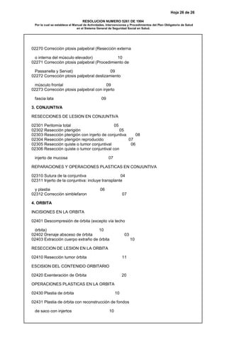 Hoja 26 de 26
RESOLUCION NUMERO 5261 DE 1994
Por la cual se establece el Manual de Actividades, Intervenciones y Procedimientos del Plan Obligatorio de Salud
en el Sistema General de Seguridad Social en Salud.
02270 Corrección ptosis palpebral (Resección externa
o interna del músculo elevador) 10
02271 Corrección ptosis palpebral (Procedimiento de
Passanella y Servat) 09
02272 Corrección ptosis palpebral deslizamiento
músculo frontal 09
02273 Corrección ptosis palpebral con injerto
fascia lata 09
3. CONJUNTIVA
RESECCIONES DE LESION EN CONJUNTIVA
02301 Peritomía total 05
02302 Resección pterigión 05
02303 Resección pterigión con injerto de conjuntiva 08
02304 Resección pterigión reproducido 07
02305 Resección quiste o tumor conjuntival 06
02306 Resección quiste o tumor conjuntival con
injerto de mucosa 07
REPARACIONES Y OPERACIONES PLASTICAS EN CONJUNTIVA
02310 Sutura de la conjuntiva 04
02311 Injerto de la conjuntiva: incluye transplante
y plastia 06
02312 Corrección simblefaron 07
4. ORBITA
INCISIONES EN LA ORBITA
02401 Descompresión de órbita (excepto vía techo
órbita) 10
02402 Drenaje absceso de órbita 03
02403 Extracción cuerpo extraño de órbita 10
RESECCION DE LESION EN LA ORBITA
02410 Resección tumor órbita 11
ESCISION DEL CONTENIDO ORBITARIO
02420 Exenteración de Orbita 20
OPERACIONES PLASTICAS EN LA ORBITA
02430 Plastia de órbita 10
02431 Plastia de órbita con reconstrucción de fondos
de saco con injertos 10
 