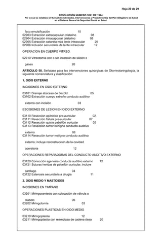 Hoja 29 de 29
RESOLUCION NUMERO 5261 DE 1994
Por la cual se establece el Manual de Actividades, Intervenciones y Procedimientos del Plan Obligatorio de Salud
en el Sistema General de Seguridad Social en Salud.
faco emulsificación 10
02903 Extracción extracapsular cristalino 08
02904 Extracción intracapcular cristalino 08
02905 Extracción catarata más lente intraocular 20
02906 Inclusión secundaria de lente intraocular 12
OPERACION EN CUERPO VITREO
02910 Vitrectomía con o sin inserción de silicón o
gases 20
ARTICULO 58. Señalase para las intervenciones quirúrgicas de Otorrinolaringología, la
siguiente nomenclatura y clasificación:
1. OIDO EXTERNO
INCISIONES EN OIDO EXTERNO
03101 Drenaje absceso de Bezold 05
03102 Extracción cuerpo extraño conducto auditivo
externo con incisión 03
ESCISIONES DE LESION EN OIDO EXTERNO
03110 Resección apéndice pre-auricular 02
03111 Resección fístula pre-auricular 07
03112 Resección quiste pabellón auricular 05
03113 Resección tumor benigno conducto auditivo
externo 06
03114 Resección tumor maligno conducto auditivo
externo; incluye reconstrucción de la cavidad
operatoria 12
OPERACIONES REPARADORAS DEL CONDUCTO AUDITIVO EXTERNO
03120 Corrección agenesia conducta auditivo externo 12
03121 Suturas heridas de pabellón auricular; incluye
cartílago 04
03122 Estenosis secundaria a cirugía 11
2. OIDO MEDIO Y MASTOIDES
INCISIONES EN TIMPANO
03201 Miringocentesis con colocación de válvula o
diábolo 06
03202 Miringotomía 03
OPERACIONES PLASTICAS EN OIDO MEDIO
03210 Miringoplastia 12
03211 Miringoplastia con reemplazo de cadena ósea 20
 