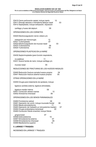 Hoja 31 de 31
RESOLUCION NUMERO 5261 DE 1994
Por la cual se establece el Manual de Actividades, Intervenciones y Procedimientos del Plan Obligatorio de Salud
en el Sistema General de Seguridad Social en Salud.
03410 Cierre perforación septal; incluye injerto 12
03411 Drenaje absceso o hematoma tabique nasal 03
03412 Septoplastia; incluye extirpación, reposición
cartílago y hueso del séptum 09
OPERACIONES EN LOS CORNETES
03420 Electrocoagulación nervio vidiano y/o
extirpación por microcirugía 12
03421 Turbinoplastia 07
03422 Electrocoagulación de mucosa nasal 03
03423 Turbinectomía 06
03424 Turbinotomía 05
OPERACIONES PLASTICAS EN LA NARIZ
03430 Septorrinoplastia (para función respiratoria,
no estética) 11
03431 Sutura herida de nariz; incluye cartílago y/o
mucosa nasal 05
REDUCCIONES DE FRACTURAS DE LOS HUESOS NASALES
03440 Reducción fractura cerrada huesos propios 04
03441 Reducción fractura abierta huesos propios 05
OTRAS OPERACIONES EN LA NARIZ
03450 Cirugía para tratamiento de epístaxis; incluye
ligadura carótida externa, ligadura etmoidales,
ligadura maxilar interna 09
03451 Corrección atresia coanas 12
03452 Antrotomía intranasal 06
OPERACIONES EN LOS SENOS PARANASALES
03460 Frontotomía radical 08
03461 Operación de Lynch; incluye mucocele frontal 08
03462 Maxilo-etmoidectomía 11
03463 Operación de Cadwell-Luc (sinusotomia maxilar) 07
03464 Cirugía endoscópica transnasal 20
03465 Corrección fístula oroantral; incluye fístula
gingivonasal 07
03466 Esfenoidotomía 10
03467 Etmoidectomía externa 07
03468 Etmoidectomía intranasal 09
03469 Maxilectomía superior 12
5. LARINGE Y TRAQUEA
INCISIONES EN LARINGE Y TRAQUEA
 