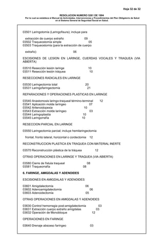 Hoja 32 de 32
RESOLUCION NUMERO 5261 DE 1994
Por la cual se establece el Manual de Actividades, Intervenciones y Procedimientos del Plan Obligatorio de Salud
en el Sistema General de Seguridad Social en Salud.
03501 Laringotomía (Laringofisura); incluye para
extracción de cuerpo extraño 09
03502 Traqueostomía simple 05
03503 Traqueostomía (para la extracción de cuerpo
extraño) 06
ESCISIONES DE LESION EN LARINGE, CUERDAS VOCALES Y TRAQUEA (VIA
ABIERTA)
03510 Resección lesión laringe 10
03511 Resección lesión tráquea 10
RESECCIONES RADICALES EN LARINGE
03530 Laringectomía total 20
03531 Laringofaringectomía 21
REPARACIONES Y OPERACIONES PLASTICAS EN LARINGE
03540 Anastomosis laringo-traqueal término-terminal 12
03541 Aplicación molde laríngeo 07
03542 Aritenoidopexia 10
03543 Extracción molde laríngeo 03
03544 Laringoplastía 10
03545 Laringorrafía 10
RESECCION PARCIAL EN LARINGE
03550 Laringectomía parcial; incluye hemilaringectomía
frontal, fronto lateral, horizontal o cordectomia 12
RECONSTRUCCION PLASTICA EN TRAQUEA CON MATERIAL INERTE
03570 Reconstrucción plástica de la tráquea 12
OTRAS OPERACIONES EN LARINGE Y TRAQUEA (VIA ABIERTA)
03580 Cierre de fístula traqueal 08
03581 Traqueorrafía 08
6. FARINGE, AMIGDALAS Y ADENOIDES
ESCISIONES EN AMIGDALAS Y ADENOIDES
03601 Amigdalectomía 06
03602 Adenoamigdalectomía 06
03603 Adenoidectomía 05
OTRAS OPERACIONES EN AMIGDALAS Y ADENOIDES
03630 Control hemorragia post-amigdalectomía 03
03631 Extracción cuerpo extraño amígdalas 03
03632 Operación de Monobloque 12
OPERACIONES EN FARINGE
03640 Drenaje absceso faríngeo 03
 