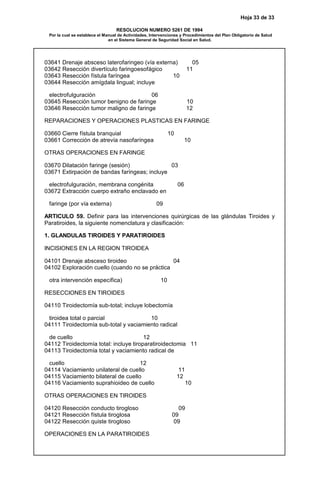 Hoja 33 de 33
RESOLUCION NUMERO 5261 DE 1994
Por la cual se establece el Manual de Actividades, Intervenciones y Procedimientos del Plan Obligatorio de Salud
en el Sistema General de Seguridad Social en Salud.
03641 Drenaje absceso laterofaringeo (vía externa) 05
03642 Resección divertículo faringoesofágico 11
03643 Resección fístula faríngea 10
03644 Resección amígdala lingual; incluye
electrofulguración 06
03645 Resección tumor benigno de faringe 10
03646 Resección tumor maligno de faringe 12
REPARACIONES Y OPERACIONES PLASTICAS EN FARINGE
03660 Cierre fístula branquial 10
03661 Corrección de atrevía nasofaríngea 10
OTRAS OPERACIONES EN FARINGE
03670 Dilatación faringe (sesión) 03
03671 Extirpación de bandas faríngeas; incluye
electrofulguración, membrana congénita 06
03672 Extracción cuerpo extraño enclavado en
faringe (por vía externa) 09
ARTICULO 59. Definir para las intervenciones quirúrgicas de las glándulas Tiroides y
Paratiroides, la siguiente nomenclatura y clasificación:
1. GLANDULAS TIROIDES Y PARATIROIDES
INCISIONES EN LA REGION TIROIDEA
04101 Drenaje absceso tiroideo 04
04102 Exploración cuello (cuando no se práctica
otra intervención específica) 10
RESECCIONES EN TIROIDES
04110 Tiroidectomía sub-total; incluye lobectomía
tiroidea total o parcial 10
04111 Tiroidectomía sub-total y vaciamiento radical
de cuello 12
04112 Tiroidectomía total: incluye tiroparatiroidectomia 11
04113 Tiroidectomía total y vaciamiento radical de
cuello 12
04114 Vaciamiento unilateral de cuello 11
04115 Vaciamiento bilateral de cuello 12
04116 Vaciamiento suprahioideo de cuello 10
OTRAS OPERACIONES EN TIROIDES
04120 Resección conducto tirogloso 09
04121 Resección fístula tiroglosa 09
04122 Resección quiste tirogloso 09
OPERACIONES EN LA PARATIROIDES
 