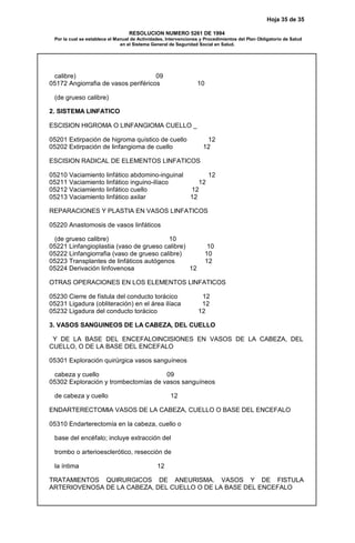 Hoja 35 de 35
RESOLUCION NUMERO 5261 DE 1994
Por la cual se establece el Manual de Actividades, Intervenciones y Procedimientos del Plan Obligatorio de Salud
en el Sistema General de Seguridad Social en Salud.
calibre) 09
05172 Angiorrafia de vasos periféricos 10
(de grueso calibre)
2. SISTEMA LINFATICO
ESCISION HIGROMA O LINFANGIOMA CUELLO _
05201 Extirpación de higroma quístico de cuello 12
05202 Extirpación de linfangioma de cuello 12
ESCISION RADICAL DE ELEMENTOS LINFATICOS
05210 Vaciamiento linfático abdomino-inguinal 12
05211 Vaciamiento linfático inguino-ilíaco 12
05212 Vaciamiento linfático cuello 12
05213 Vaciamiento linfático axilar 12
REPARACIONES Y PLASTIA EN VASOS LINFATICOS
05220 Anastomosis de vasos linfáticos
(de grueso calibre) 10
05221 Linfangioplastia (vaso de grueso calibre) 10
05222 Linfangiorrafia (vaso de grueso calibre) 10
05223 Transplantes de linfáticos autógenos 12
05224 Derivación linfovenosa 12
OTRAS OPERACIONES EN LOS ELEMENTOS LINFATICOS
05230 Cierre de fístula del conducto torácico 12
05231 Ligadura (obliteración) en el área ilíaca 12
05232 Ligadura del conducto torácico 12
3. VASOS SANGUINEOS DE LA CABEZA, DEL CUELLO
Y DE LA BASE DEL ENCEFALOINCISIONES EN VASOS DE LA CABEZA, DEL
CUELLO, O DE LA BASE DEL ENCEFALO
05301 Exploración quirúrgica vasos sanguíneos
cabeza y cuello 09
05302 Exploración y trombectomías de vasos sanguíneos
de cabeza y cuello 12
ENDARTERECTOMIA VASOS DE LA CABEZA, CUELLO O BASE DEL ENCEFALO
05310 Endarterectomía en la cabeza, cuello o
base del encéfalo; incluye extracción del
trombo o arterioesclerótico, resección de
la íntima 12
TRATAMIENTOS QUIRURGICOS DE ANEURISMA. VASOS Y DE FISTULA
ARTERIOVENOSA DE LA CABEZA, DEL CUELLO O DE LA BASE DEL ENCEFALO
 