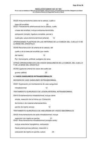 Hoja 36 de 36
RESOLUCION NUMERO 5261 DE 1994
Por la cual se establece el Manual de Actividades, Intervenciones y Procedimientos del Plan Obligatorio de Salud
en el Sistema General de Seguridad Social en Salud.
05320 Aneurismectomía vasos de la cabeza, cuello o
base del encéfalo 20
05321 Fistulectomía arteriovenosa de la cabeza, cuello
o base del encéfalo; incluye endoaneurismorrafia,
extirpación (simple), ligadura completa, parcial o
cuádruple, sutura término-terminal (arterial) 12
OPERACIONES PLASTICAS EN LAS ARTERIAS DE LA CABEZA DEL CUELLO O DE
LA BASE DEL ENCEFALO
05340 Reconstrucción de arteria de la cabeza, del
cuello o de la base del encéfalo (por medio
del injerto) 12
Por: Homoinjerto, artificial, autógeno de vena.
OTRAS OPERACIONES EN LOS VASOS SANGUINEOS DE LA CABEZA, DEL CUELLO
Y DE LA BASE DEL ENCEFALO
05350 Ligaduras arterial de vasos del cuello (de
grueso calibre) 20
4. VASOS SANGUINEOS INTRAABDOMINALES
INCISION EN VASO SANGUINEO INTRAABDOMINAL
05401 Exploración y/o trombectomía de vaso sanguíneo
intraabdominal 12
TRATAMIENTO QUIRURGICO DE LESION ARTERIAL INTRAABDOMINAL
05410 Endarterectomía intraabdominal; incluye cierre
simple, resección de la íntima con: Extracción
de trombo o de material arteriosclerótico,
parche de injerto venoso 12
TRATAMIENTO QUIRURGICO DE ANEURISMA EN VASOS ABDOMINALES
05420 Aneurismectomía de aorta intraabdominal; incluye
resección con injerto en parche 21
05421 Aneurismectomía intraabdominal (excepto aorta)
incluye aneurisma hipogástrico, extirpación
fístula arteriovenosa (pélvica), resección o
colocación de injerto en parche, sutura 20
 