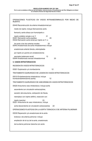 Hoja 37 de 37
RESOLUCION NUMERO 5261 DE 1994
Por la cual se establece el Manual de Actividades, Intervenciones y Procedimientos del Plan Obligatorio de Salud
en el Sistema General de Seguridad Social en Salud.
OPERACIONES PLASTICAS EN VASOS INTRAABDOMINALES POR MEDIO DE
INJERTO
05440 Reconstrucción de arteria intraabdominal por
medio de injerto; incluye Derivaciones aorto
femoral y aorto-olíaca con homoinjerto o
injerto sintético simple o en Y 21
05441 Derivación aorto-poplítea 20
05442 Derivación aorto-renal por injerto en Y, o
de aorta a las dos arterias renales 20
05443 Anastomosis de aorta intraabdominal; incluye
anastomosis arterial directa, arterioplastia
por injerto en parche sin endaterectomia
asociada (estenosis renal) 12
05444 Anastomosis venosa intraabdominal 20
5. VASOS INTRATORACICOS
INCISION EN VASOS INTRATORACICOS
05501 Exploración y/o trombectomía 12
TRATAMIENTO QUIRURGICO DE LESION EN VASOS INTRATORACICOS
05510 Endarterectomia intratorácica; incluye
tromboendarterectomía (aorta) 12
TRATAMIENTO QUIRURGICO DE ANEURISMA EN VASOS INTRATORACICOS
05520 Aneurisma vaso intratorácico; incluye aorta
ascendente con circulación extracorpórea,
escisión del aneurisma, extirpación de fístula,
reemplazo con injerto (teflón), resección con
injerto (parche) 23
05521 Aneurisma de vaso intratorácico; incluye
aorta descendente sin circulación extracorpórea 22
OPERACIONES PLASTICAS EN LA AORTA TORACICA O DE ARTERIA PULMONAR
05530 Reparación y/o anastomosis de la aorta
torácica o de artería pulmonar; incluye
ampliación de la luz de la aorta, anastomosis
de la artería pulmonar derecha con aorta
 