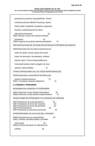 Hoja 38 de 38
RESOLUCION NUMERO 5261 DE 1994
Por la cual se establece el Manual de Actividades, Intervenciones y Procedimientos del Plan Obligatorio de Salud
en el Sistema General de Seguridad Social en Salud.
ascendente y pulmonar izquierda(Potts - Smith),
subclavia pulmonar (Blalock-Taussing), cayado
aórtico doble, Coartación (congénita o adquirida)
Escisión o implementación de injerto
(Hematoma disecante) 22
05531 Sección y sutura de conducto arterioso
persistente 22
05532 Ligadura de conducto arterioso persistente 21
RECONSTRUCCION DE ARTERIA INTRATORACICA POR MEDIO DE INJERTO
05540 Reconstrucción de arteria intratorácica por
medio de injerto; incluye cayado de la aorta
injerto; de derivación, de reemplazo, sintético
(dacrón nylon). Tronco braquiocefálico por:
homoinjerto arterial, injerto autógeno de vena
(safena), injerto sintético 21
OTRAS OPERACIONES EN LOS VASOS INTRATORACICOS
05550 Implantación clamp Michel-Sombrilla (para
prevenir embolia pulmonar) 12
05551 Trombolisis mediante cateterismo 12
6. CORAZON Y PERICARDIO
INCISIONES EN CORAZON Y/O PERICARDIO
05601 Extracción cuerpo extraño intracardíaco 23
05602 Extracción cuerpo extraño intrapericárdiaco 12
RESECCIONES EN PERICARDIO Y/O LESIONES EN CORAZON
05610 Extirpación de quiste pericárdico 22
05611 Extirpación de tumor del miocardio 23
05612 Extirpación de tumor del pericardio 22
05613 Pericardiectomía 22
05614 Resección de aneurisma ventricular 23
INTERVENCIONES EN VALVULAS DEL CORAZON
05620 Valvulotomías y/o valvuloplastias 23
05621 Cambios valvulares totales o parciales
como injerto 23
05622 Cambios valvulares con aplicación de
prótesis 23
 