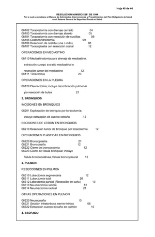 Hoja 40 de 40
RESOLUCION NUMERO 5261 DE 1994
Por la cual se establece el Manual de Actividades, Intervenciones y Procedimientos del Plan Obligatorio de Salud
en el Sistema General de Seguridad Social en Salud.
06102 Toracostomía con drenaje cerrado 04
06103 Toracostomía con drenaje abierto 05
06104 Toracostomía con resección de costillas 09
06105 Costocondrectomía 09
06106 Resección de costilla (una o más) 08
06107 Toracoplastia con resección costal 12
OPERACIONES EN MEDIASTINO
06110 Mediastinotomía para drenaje de mediastino,
extracción cuerpo extraño mediastinal o
resección tumor del mediastino 12
06111 Timectomía 20
OPERACIONES EN LA PLEURA
06120 Pleurectomía; incluye decorticación pulmonar
y/o resección de bulas 21
2. BRONQUIOS
INCISIONES EN BRONQUIOS
06201 Exploración de bronquio por toracotomía;
incluye extracción de cuerpo extraño 12
ESCISIONES DE LESION EN BRONQUIOS
06210 Resección tumor de bronquio por toracotomía 12
OPERACIONES PLASTICAS EN BRONQUIOS
06220 Broncoplastia 21
06221 Broncorrafia 12
06222 Cierre de broncostomía 12
06223 Cierre de fístula bronquial; incluye
fístula broncocutánea, fístula broncopleural 12
3. PULMON
RESECCIONES EN PULMON
06310 Lobectomía segmentaria 12
06311 Lobectomía total 20
06312 Lobectomía parcial (Resección en cuña) 10
06313 Neumectomía simple 12
06314 Neumectomía radical 21
OTRAS OPERACIONES EN PULMON
06320 Neumorrafia 10
06321 Sección intratorácica nervio frénico 06
06322 Extracción cuerpo extraño en pulmón 10
4. ESOFAGO
 