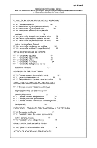 Hoja 42 de 42
RESOLUCION NUMERO 5261 DE 1994
Por la cual se establece el Manual de Actividades, Intervenciones y Procedimientos del Plan Obligatorio de Salud
en el Sistema General de Seguridad Social en Salud.
CORRECCIONES DE HERNIAS EN PARED ABDOMINAL
07101 Cierre evisceración 08
07102 Herniorrafia inguinal (excepto recidiva) 07
07103 Herniorrafia inguinal por recidiva 08
07104 Herniorrafia femoral o crural (excepto
recidiva) 07
07105 Herniorrafia femoral o crural por recidiva 09
07106 Eventrorrafia (incluye: Malla de Marles) 09
07107 Herniorrafia epigástrica(excepto recidiva) 04
incluye herniorrafia de Spiegel
07108 Herniorrafia epigástrica por recidiva 06
07109 Herniorrafia umbilical (incluye:Recidiva) 06
OTRAS CORRECCIONES DE HERNIAS
07110 Herniorrafia isquiática 07
07111 Herniorrafia isquiorrectal 07
07112 Herniorrafia lumbar 07
07113 Herniorrafia obturadora 07
07114 Herniorrafia diafragmática por vía
abdominal o torácica 12
INCISIONES EN PARED ABDOMINAL
07120 Drenaje absceso de pared abdominal 02
07121 Laparatomía exploradora 08
07122 Extirpación tumor benigno pared abdominal 03
DRENAJES DE ABSCESOS INTRA ABDOMINALES
07140 Drenaje absceso intraperitoneal incluye
epiplóico (omental), De fosa ilíaca, peries-
plénico, perigástrico 07
07141 Drenaje absceso retroperitoneal 07
07142 Drenaje peritonitis generalizada 09
07143 Drenaje absceso subfrénico o subdiafragmático
(cualquier vía) 09
EXTIRPACION LESIONES EN PARED ABDOMINAL Y EL PERITONEO
07160 Corrección onfalocele 12
07161 Resección lesión del epiplón o mesenterio;
incluye benigna, maligna 08
07162 Resección tumor retroperitoneal 12
OPERACION PLASTICA EN PERITONEO
07180 Operación de Noble modificada 10
SECCION DE ADHERENCIAS PERITONEALES
 