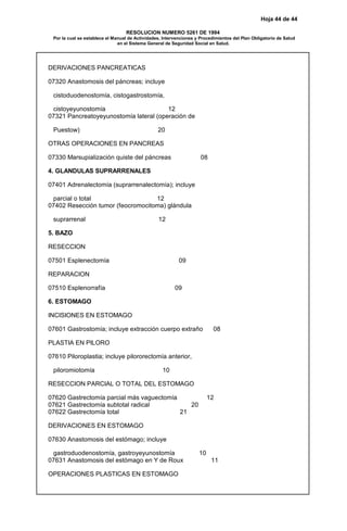 Hoja 44 de 44
RESOLUCION NUMERO 5261 DE 1994
Por la cual se establece el Manual de Actividades, Intervenciones y Procedimientos del Plan Obligatorio de Salud
en el Sistema General de Seguridad Social en Salud.
DERIVACIONES PANCREATICAS
07320 Anastomosis del páncreas; incluye
cistoduodenostomía, cistogastrostomía,
cistoyeyunostomía 12
07321 Pancreatoyeyunostomía lateral (operación de
Puestow) 20
OTRAS OPERACIONES EN PANCREAS
07330 Marsupialización quiste del páncreas 08
4. GLANDULAS SUPRARRENALES
07401 Adrenalectomía (suprarrenalectomía); incluye
parcial o total 12
07402 Resección tumor (feocromocitoma) glándula
suprarrenal 12
5. BAZO
RESECCION
07501 Esplenectomía 09
REPARACION
07510 Esplenorrafía 09
6. ESTOMAGO
INCISIONES EN ESTOMAGO
07601 Gastrostomía; incluye extracción cuerpo extraño 08
PLASTIA EN PILORO
07610 Piloroplastia; incluye pilororectomía anterior,
piloromiotomía 10
RESECCION PARCIAL O TOTAL DEL ESTOMAGO
07620 Gastrectomía parcial más vaguectomía 12
07621 Gastrectomía subtotal radical 20
07622 Gastrectomía total 21
DERIVACIONES EN ESTOMAGO
07630 Anastomosis del estómago; incluye
gastroduodenostomía, gastroyeyunostomía 10
07631 Anastomosis del estómago en Y de Roux 11
OPERACIONES PLASTICAS EN ESTOMAGO
 