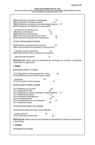 Hoja 54 de 54
RESOLUCION NUMERO 5261 DE 1994
Por la cual se establece el Manual de Actividades, Intervenciones y Procedimientos del Plan Obligatorio de Salud
en el Sistema General de Seguridad Social en Salud.
09820 Corrección epispadias o hipospadias 12
09821 Extirpación de Cordee (cuerda) 07
09822 Extirpación de Nódulos de la enfermedad Peyronie 07
09823 Extirpación de Nódulos de la enfermedad
de Peyronie con injerto de piel 12
09824 Sutura herida pene 05
09826 Plastia de frenillo peneal 04
09827 Reconstrucción peneana por injerto 12
09829 Inyección de placas de fibrosis de pene 02
OTRAS OPERACIONES EN PENE
09840 Incisión y drenaje flegmon peneano 04
09841 Intervenciones para priapismo; incluye punción
o drenaje cuerpos cavernosos 07
09842 Derivaciones safeno-carvernosa o cavernosa-
esponjosa para priapismo 12
ARTICULO 65. Definir para las intervenciones quirúrgicas de la Mama, la siguiente
nomenclatura y clasificación:
1. MAMA
INCISIONES SOBRE LA MAMA
10101 Mastotomía; incluye drenaje de la mama 02
10102 Extracción cuerpo extraño mama; incluye
granuloma 04
10103 Extirpación nódulo mamario 07
RESECCIONES SOBRE LA MAMA
10110 Mastectomía sub-total 06
10111 Mastectomía total 09
10112 Mastectomía radical modificada o simple ampliada 12
10113 Mastectomía radical 12
10114 Extirpación fibroadenoma 05
10115 Cuadrantectomía 06
10116 Cuadrentectomía con vaciamiento 10
10117 Resección quiste 05
OTRAS OPERACIONES EN LA MAMA
10120 Escisión tejido aberrante mama (Glándula
supernumeraria) 05
10121 Resección ginecomastia 06
ARTICULO 66. Definir para las intervenciones de Ginecología, la siguiente nomenclatura
y clasificación:
1. OVARIO
INCISIONES EN OVARIO
 