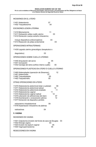 Hoja 56 de 56
RESOLUCION NUMERO 5261 DE 1994
Por la cual se establece el Manual de Actividades, Intervenciones y Procedimientos del Plan Obligatorio de Salud
en el Sistema General de Seguridad Social en Salud.
INCISIONES EN EL UTERO
11401 Histerotomía 07
11402 Traquelectomía 04
ESCISIONES LESION UTERINA
11410 Miomectomía 11
11411 Extirpación pólipo cuello uterino 03
11412 Extracción cuerpo extraño intrauterino;
incluye dispositivos anticonceptivos 03
11413 Resección de pólipo endometrial 03
OPERACIONES INTRAUTERINAS
11430 Legrado uterino ginecológico (terapéutico o
diagnóstico) 03
OPERACIONES SOBRE CUELLO UTERINO
11440 Amputación del cervix 05
11441 Conización 05
11442 Cerclaje del istmo (orificio interno cuello) 05
OPERACIONES PLASTICAS EN UTERO O CUELLO UTERINO
11460 Histeroplastia (operación de Strasman) 12
11461 Histerorrafia 07
11462 Traqueloplastia 05
11463 Traquelorrafia 05
OTRAS OPERACIONES EN UTERO
11470 Histerectomía abdominal (total o subtotal) 09
11471 Histerectomía abdominal radical 12
11472 Histerectomía adbominal ampliada 11
11473 Histerectomía vaginal 11
11474 Histerectomía vaginal radical 12
11475 Liberación de adherencias del útero 07
11476 Exenteración o evisceración pélvica 12
11477 Extracción de dispositivo perdido
extrauterino intraabdominal 09
11478 Implantación intrauterino de platinas
radioactivas 04
5. VAGINA
INCISIONES EN VAGINA
11501 Colpotomía (incisión del fondo de saco de Douglas 03
11502 Drenaje vagina 03
11503 Incisión de septum vaginal 05
11504 Vaginoperineotomía 05
RESECCIONES EN VAGINA
 