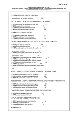 Hoja 59 de 59
RESOLUCION NUMERO 5261 DE 1994
Por la cual se establece el Manual de Actividades, Intervenciones y Procedimientos del Plan Obligatorio de Salud
en el Sistema General de Seguridad Social en Salud.
13113 Extracción quirúrgica de material de
osteosíntesis en hombro o brazo 05
OSTEOTOMIAS Y RESECCIONES PARCIALES EN DIAFISIS
13120 Osteotomía en escápula o clavícula 07
13121 Osteotomía en húmero 09
13122 Hemidiafisectomía en clavícula 07
13123 Hemidiafisectomía en húmero 09
OTRAS RESECCIONES OSEAS
13130 Resección extremo acromión 07
13131 Resección extremos clavícula 07
13132 Resección epicóndilo o epitróclea 07
OPERACIONES PLASTICAS EN HUESO Y RESECCION DE TUMORES
13140 Injerto óseo en clavícula 08
13141 Injerto óseo en húmero 10
13142 Revisión y/o reconstrucción de muñón de
amputación hombro 06
13143 Revisión y/o reconstrucción de muñón de
amputación brazo 06
13144 Resección tumor benigno huesos hombro 07
13145 Resección tumor benigno húmero 07
13146 Resección tumor maligno huesos hombro 12
13147 Resección tumor maligno húmero 08
13148 Escapulopexia 10
13149 Acromioplastia; incluye resección calcificacio-
nes 09
REDUCCIONES CERRADAS DE FRACTURA Y DE LUXO FRACTURA
13150 Reducción cerrada fractura escápula 03
13151 reducción cerrada fractura clavícula 03
13152 Reducción cerrada fractura húmero 06
REDUCCIONES ABIERTAS DE FRACTURA SIN ELEMENTOS DE OSTEOSINTESIS
13160 Reducción abierta fractura escápula 06
13161 Reducción abierta fractura clavícula 04
13162 Reducción abierta fractura húmero 07
FIJACIONES OSEAS CON ELEMENTOS DE OSTEOSINTESIS
13170 Osteosíntesis en clavícula 07
13171 Osteosíntesis en húmero 09
AMPUTACIONES Y/O DESARTICULACIONES
13180 Amputación intertoracoescapular 12
13181 Amputación del brazo 08
13182 Desarticulación del hombro 12
REIMPLANTES
 