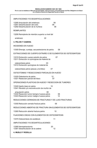 Hoja 61 de 61
RESOLUCION NUMERO 5261 DE 1994
Por la cual se establece el Manual de Actividades, Intervenciones y Procedimientos del Plan Obligatorio de Salud
en el Sistema General de Seguridad Social en Salud.
AMPUTACIONES Y/O DESARTICULACIONES
13280 Amputación del antebrazo 08
13281 Desarticulación del codo 08
13282 Desarticulación de la muñeca 08
REIMPLANTES
13290 Reimplante de miembro superior a nivel del
antebrazo 22
3. PELVIS Y CADERA
INCISIONES EN HUESO
13300 Drenaje, curetaje, secuestrectomia de pelvis 08
EXTRACCIONES DE CUERPO EXTRAÑO O DE ELEMENTOS DE OSTEOSINTESIS
13310 Extracción cuerpo extraño de pelvis 07
13311 Extracción no quirúrgicas de material de
osteosintesis pelvis 03
13312 Extracción quirúrgicas de material de
osteosíntesis pelvis (placas y tornillos) 07
OSTEOTOMIAS Y RESECCIONES PARCIALES EN HUESO
13320 Osteotomía de pelvis 12
13321 Resección parcial del ilíaco 07
OPERACIONES PLASTICAS EN HUESO Y RESECCION DE TUMORES
13340 Injerto óseo en pelvis 10
13341 Revisión y/o reconstrucción de muñón de
amputación pelvis 08
13342 Resección tumor benigno huesos pelvis 08
13343 Resección tumor maligno huesos pelvis 12
REDUCCIONES CERRADAS DE FRACTURAS Y DE LUXO FRACTURAS
13350 Reducción cerrada fractura pelvis 06
REDUCCIONES ABIERTAS DE FRACTURA SIN ELEMENTOS DE OSTEOSINTESIS
13360 Reducción abierta fractura pelvis 10
FIJACIONES OSEAS CON ELEMENTOS DE OSTEOSINTESIS
13370 Osteosíntesis de acetábulo 11
AMPUTACIONES Y/O DESARTICULACIONES
13380 Hemipelvectomía 20
13381 Desarticulación de la cadera 12
4. MUSLO Y RODILLA
 