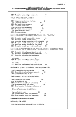Hoja 64 de 64
RESOLUCION NUMERO 5261 DE 1994
Por la cual se establece el Manual de Actividades, Intervenciones y Procedimientos del Plan Obligatorio de Salud
en el Sistema General de Seguridad Social en Salud.
13549 Resección tumor maligno huesos pie 07
OTRAS OPERACIONES PLASTICAS
13550 Alargamiento miembros inferiores 12
13552 Corrección pie cavo 12
13553 Corrección pie cavo equino 12
13554 Corrección pie convexo 12
13555 Corrección pie hallux valgus 12
13556 Corrección pie varus equino 12
13557 Reimplante de la pierna 20
13558 Reimplante de pie 20
REDUCCIONES CERRADAS DE FRACTURA Y DE LUXO FRACTURA
13560 Reducción cerrada fractura tibia y peroné 08
13561 Reducción cerrada fractura peroné 06
13562 Reducción cerrada fractura tarso y/o metatarso 06
13563 Reducción cerrada falanges pie (una a dos) 04
13564 Reducción cerrada falanges pie (tres o más) 05
13565 Reducción cerrada luxo-fractura cuello pie 08
REDUCCIONES ABIERTAS DE FRACTURA SIN ELEMENTOS DE OSTEOSINTESIS
13570 Reducción abierta fractura tibia y/o peroné 08
13571 Reducción abierta fractura tarso o metatarso 07
13572 Reducción abierta fractura falanges pie
(una a dos) 06
13573 Reducción abierta fractura falanges pie
(tres o más) 07
13574 Reducción abierta de luxo-fractura cuello pie 08
FIJACIONES OSEAS CON ELEMENTOS DE OSTEOSINTESIS
13580 Osteosíntesis en tibia o peroné 09
13581 Osteosíntesis de luxo-fractura cuello pie 09
13582 Osteosíntesis hueso de pie 08
AMPUTACIONES Y/O DESARTICULACIONES
13590 Amputación de la pierna 08
13591 Amputación del pie 07
13592 Amputación de dedos pie (uno a dos) 04
13593 Amputación dedos (tres o más) 05
13594 Desarticulación pie; incluye mediotarsiana
(Chopart), Tarsometatarsiana (Lisfranc),
Supramaleolar (Syme) 08
13595 Desarticulación dedos pie (uno a dos) 04
13596 Desarticulación dedos pie (tres o más) 05
6. COLUMNA VERTEBRAL Y TORAX
INCISIONES EN HUESO
13600 Drenaje, curetaje, secuestrectomía, de esternón
 
