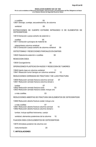 Hoja 65 de 65
RESOLUCION NUMERO 5261 DE 1994
Por la cual se establece el Manual de Actividades, Intervenciones y Procedimientos del Plan Obligatorio de Salud
en el Sistema General de Seguridad Social en Salud.
o costillas 05
13601 Drenaje, curetaje, secuestrectomía, de columna
vertebral 09
EXTRACCIONES DE CUERPO EXTRAÑO INTRAOSEO O DE ELEMENTOS DE
OSTEOSINTESIS
13610 Extracción cuerpo extraño de esternón o
costillas 05
13611 Extracción quirúrgica de material de
osteosíntesis columna vertebral 07
13612 Extracción cuerpo extraño de columna vertebral 09
OSTEOTOMIAS Y RESECCIONES PARCIALES EN DIAFISIS
13620 Osteotomía esternón o costillas 06
RESECCION OSEA
13630 Coccigectomía 08
OPERACIONES PLASTICAS EN HUESO Y RESECCION DE TUMORES
13640 Injerto óseo en columna vertebral 11
13641 Resección tumor benigno en columna vertebral 12
REDUCCIONES CERRADAS DE FRACTURA Y DE LUXO FRACTURA
13650 Reducción cerrada fractura columna cervical 07
13651 Reducción cerrada fractura columna dorsal o
lumbar 07
13652 Reducción cerrada fractura coxis 03
13653 Reducción cerrada fractura costal; incluye una
o más costillas 03
REDUCCIONES ABIERTAS DE FRACTURA SIN ELEMENTOS DE OSTEOSINTESIS
13660 Reducción abierta fractura costal; incluye una
o más costillas 07
13661 Reducción abierta fractura columna cervical 10
13662 Reducción abierta fractura columna dorsal o
lumbar; incluye apófisis transversa, cuerpo
vertebral, elementos posteriores de la columna 10
FIJACION OSEA CON ELEMENTOS DE OSTEOSINTESIS
13670 Artrodesis posterior de columna con
instrumentación 20
7. ARTICULACIONES
 