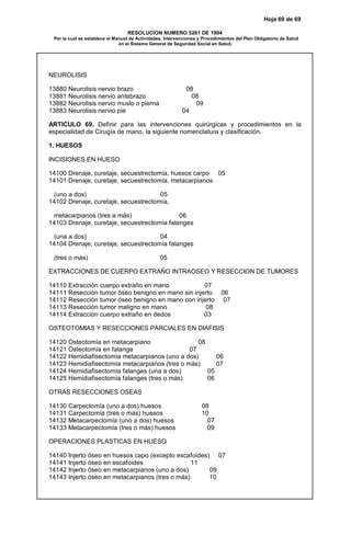 Hoja 69 de 69
RESOLUCION NUMERO 5261 DE 1994
Por la cual se establece el Manual de Actividades, Intervenciones y Procedimientos del Plan Obligatorio de Salud
en el Sistema General de Seguridad Social en Salud.
NEUROLISIS
13880 Neurolisis nervio brazo 08
13881 Neurolisis nervio antebrazo 08
13882 Neurolisis nervio muslo o pierna 09
13883 Neurolisis nervio pie 04
ARTICULO 69. Definir para las intervenciones quirúrgicas y procedimientos en la
especialidad de Cirugía de mano, la siguiente nomenclatura y clasificación.
1. HUESOS
INCISIONES EN HUESO
14100 Drenaje, curetaje, secuestrectomía, huesos carpo 05
14101 Drenaje, curetaje, secuestrectomía, metacarpianos
(uno a dos) 05
14102 Drenaje, curetaje, secuestrectomía,
metacarpianos (tres a más) 06
14103 Drenaje, curetaje, secuestrectomía falanges
(una a dos) 04
14104 Drenaje, curetaje, secuestrectomía falanges
(tres o más) 05
EXTRACCIONES DE CUERPO EXTRAÑO INTRAOSEO Y RESECCION DE TUMORES
14110 Extracción cuerpo extraño en mano 07
14111 Resección tumor óseo benigno en mano sin injerto 06
14112 Resección tumor óseo benigno en mano con injerto 07
14113 Resección tumor maligno en mano 08
14114 Extracción cuerpo extraño en dedos 03
OSTEOTOMIAS Y RESECCIONES PARCIALES EN DIAFISIS
14120 Osteotomía en metacarpiano 08
14121 Osteotomía en falange 07
14122 Hemidiafisectomía metacarpianos (uno a dos) 06
14123 Hemidiafisectomía metacarpianos (tres o más) 07
14124 Hemidiafisectomía falanges (una a dos) 05
14125 Hemidiafisectomía falanges (tres o más) 06
OTRAS RESECCIONES OSEAS
14130 Carpectomía (uno a dos) huesos 08
14131 Carpectomía (tres o más) huesos 10
14132 Metacarpectomía (uno a dos) huesos 07
14133 Metacarpectomía (tres o más) huesos 09
OPERACIONES PLASTICAS EN HUESO
14140 Injerto óseo en huesos capo (excepto escafoides) 07
14141 Injerto óseo en escafoides 11
14142 Injerto óseo en metacarpianos (uno a dos) 09
14143 Injerto óseo en metacarpianos (tres o más) 10
 