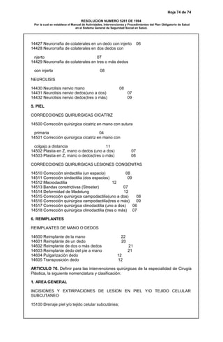 Hoja 74 de 74
RESOLUCION NUMERO 5261 DE 1994
Por la cual se establece el Manual de Actividades, Intervenciones y Procedimientos del Plan Obligatorio de Salud
en el Sistema General de Seguridad Social en Salud.
14427 Neurorrafia de colaterales en un dedo con injerto 06
14428 Neurorrafia de colaterales en dos dedos con
njerto 07
14429 Neurorrafia de colaterales en tres o más dedos
con injerto 08
NEUROLISIS
14430 Neurolisis nervio mano 08
14431 Neurolisis nervio dedos(uno a dos) 07
14432 Neurolisis nervio dedos(tres o más) 09
5. PIEL
CORRECCIONES QUIRURGICAS CICATRIZ
14500 Corrección quirúrgica cicatriz en mano con sutura
primaria 04
14501 Corrección quirúrgica cicatriz en mano con
colgajo a distancia 11
14502 Plastia en Z, mano o dedos (uno a dos) 07
14503 Plastia en Z, mano o dedos(tres o más) 08
CORRECCIONES QUIRURGICAS LESIONES CONGENITAS
14510 Corrección sindactilia (un espacio) 08
14511 Corrección sindactilia (dos espacios) 09
14512 Macrodactilia 12
14513 Bandas constrictivas (Streeter) 07
14514 Deformidad de Madelung 12
14515 Corrección quirúrgica campodactilia(uno a dos) 08
14516 Corrección quirúrgica campodactilia(tres o más) 09
14517 Corrección quirúrgica clinodactilia (uno a dos) 06
14518 Corrección quirúrgica clinodactilia (tres o más) 07
6. REIMPLANTES
REIMPLANTES DE MANO O DEDOS
14600 Reimplante de la mano 22
14601 Reimplante de un dedo 20
14602 Reimplante de dos o más dedos 21
14603 Reimplante dedo del pie a mano 21
14604 Pulgarización dedo 12
14605 Transposición dedo 12
ARTICULO 70. Definir para las intervenciones quirúrgicas de la especialidad de Cirugía
Plástica, la siguiente nomenclatura y clasificación:
1. AREA GENERAL
INCISIONES Y EXTIRPACIONES DE LESION EN PIEL Y/O TEJIDO CELULAR
SUBCUTANEO
15100 Drenaje piel y/o tejido celular subcutánea;
 