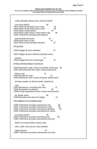 Hoja 77 de 77
RESOLUCION NUMERO 5261 DE 1994
Por la cual se establece el Manual de Actividades, Intervenciones y Procedimientos del Plan Obligatorio de Salud
en el Sistema General de Seguridad Social en Salud.
cuello, genitales, planta de pie, zonas de flexión
(no incluye dedos) 06
15231 Injerto de piel dedos (uno a dos) 04
15232 Injerto de piel dedos (tres o más) 05
15233 Injerto condrocutáneo 07
15234 Injerto región pilosa; incluye barba, ceja 06
15235 Tratamiento quirúrgico para alopecia
post-secuelas de trauma 07
15236 Injerto óseo en cara 12
15237 Injerto de piel retracción del seno 07
COLGAJOS
15240 Colgajo de cuero cabelludo 07
15241 Colgajo de piel a distancia (incluidos varios
iempos) 11
15242 Colgajo libre (con microcirugía) 12
OTRAS OPERACIONES PLASTICAS
15250 Reparación oreja; incluye en pantalla, prominente 08
15251 Reconstrucción de la oreja; incluye ausencia de:
lóbulo, oreja 12
15252 Reinserción oreja 12
15253 Reparación nariz; incluye corrección aplanamiento
de fosas nasales, en silla de montar, implante de
nariz 09
15254 Reinserción y reconstrucción nariz 12
15255 Rinoplastia (no estética) 09
15256 Cirugía reparadora de seno; incluye reconstrucción
de: Areola, pezón 08
15258 Reconstrucción seno con colgajo 12
TRATAMIENTO DE QUEMADURAS
15260 Tratamiento quirúrgico quemaduras cara 08
15261 Tratamiento quirúrgico quemaduras cuello 08
15262 Tratamiento quirúrgico quemaduras genitales 08
15263 Tratamiento quirúrgico quemaduras en manos
(no incluye dedos) 05
15264 Tratamiento quirúrgico quemaduras pie 05
15265 Tratamiento quirúrgico quemaduras zonas de
flexión (no incluye dedos); incluye: axila,
codo, cuello, dorso de pie, hueco poplíteo,
región inguinal 07
15266 Tratamiento quirúrgico quemaduras uno a dos
 