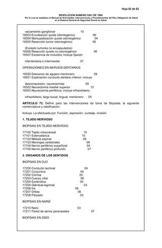 Hoja 82 de 82
RESOLUCION NUMERO 5261 DE 1994
Por la cual se establece el Manual de Actividades, Intervenciones y Procedimientos del Plan Obligatorio de Salud
en el Sistema General de Seguridad Social en Salud.
vaciamiento ganglionar 10
16503 Enucleación quiste odontogénico 06
16504 Marsupialización quiste odontogénico 04
16505 Resección tumor odontogénico 06
(Excepto tumores no encapsulados)
16506 Resección quiste no odontogénico 06
16507 Exodoncia de incluidos; incluye fijación
interdentaria o intermaxilar 07
OPERACIONES EN NERVIOS DENTARIOS
16550 Descenso de agujero mentonero 09
16551 Exploración conducto dentario inferior; incluye
descompresión, neurectomías 09
16552 Neurectomía maxilar superior 10
16553 Neurectomía periférica; incluye infraorbitario,
infraorbitario, largo bucal, lingual, mentonero 05
ARTICULO 72. Definir para las intervenciones de toma de Biopsias, la siguiente
nomenclatura y clasificación:
Incluye: La efectuada por: Función, aspiración, curetaje, incisión
1. TEJIDO NERVIOSO
BIOPSIAS EN TEJIDO NERVIOSO
17100 Tejido intracraneal 10
17101 Esteroatáxica 10
17102 Médula espinal 09
17103 Meninges vertebrales 09
17104 Nervio periférico superficial 04
17105 Nervio periférico profundo 07
2. ORGANOS DE LOS SENTIDOS
BIOPSIAS EN OJO
17200 Conducto lacrimal 04
17201 Conjuntiva 04
17202 Córnea 05
17203 Cuerpo ciliar 06
17204 Esclerótica 05
17205 Glándula lagrimal 03
17206 Iris 06
17207 Orbita 06
17208 Párpado 03
BIOPSIAS EN NARIZ
17210 Nariz 03
17211 Pared de senos paranasales 07
BIOPSIAS EN OIDO
 