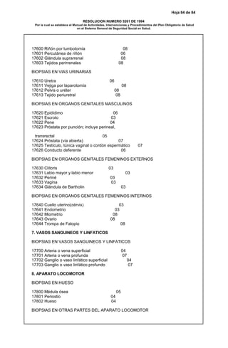 Hoja 84 de 84
RESOLUCION NUMERO 5261 DE 1994
Por la cual se establece el Manual de Actividades, Intervenciones y Procedimientos del Plan Obligatorio de Salud
en el Sistema General de Seguridad Social en Salud.
17600 Riñón por lumbotomía 08
17601 Percutánea de riñón 06
17602 Glándula suprarrenal 08
17603 Tejidos perirrenales 08
BIOPSIAS EN VIAS URINARIAS
17610 Uretra 06
17611 Vejiga por laparotomía 08
17612 Pelvis o uréter 08
17613 Tejido periuretral 08
BIOPSIAS EN ORGANOS GENITALES MASCULINOS
17620 Epidídimo 06
17621 Escroto 03
17622 Pene 04
17623 Próstata por punción; incluye perineal,
transrectal 05
17624 Próstata (vía abierta) 07
17625 Testículo, túnica vaginal o cordón espermático 07
17626 Conducto deferente 06
BIOPSIAS EN ORGANOS GENITALES FEMENINOS EXTERNOS
17630 Clítoris 03
17631 Labio mayor y labio menor 03
17632 Periné 03
17633 Vagina 03
17634 Glándula de Bartholin 03
BIOPSIAS EN ORGANOS GENITALES FEMENINOS INTERNOS
17640 Cuello uterino(cérvix) 03
17641 Endometrio 03
17642 Miometrio 08
17643 Ovario 08
17644 Trompa de Falopio 08
7. VASOS SANGUINEOS Y LINFATICOS
BIOPSIAS EN VASOS SANGUINEOS Y LINFATICOS
17700 Arteria o vena superficial 04
17701 Arteria o vena profunda 07
17702 Ganglio o vaso linfático superficial 04
17703 Ganglio o vaso linfático profundo 07
8. APARATO LOCOMOTOR
BIOPSIAS EN HUESO
17800 Médula ósea 05
17801 Periostio 04
17802 Hueso 04
BIOPSIAS EN OTRAS PARTES DEL APARATO LOCOMOTOR
 