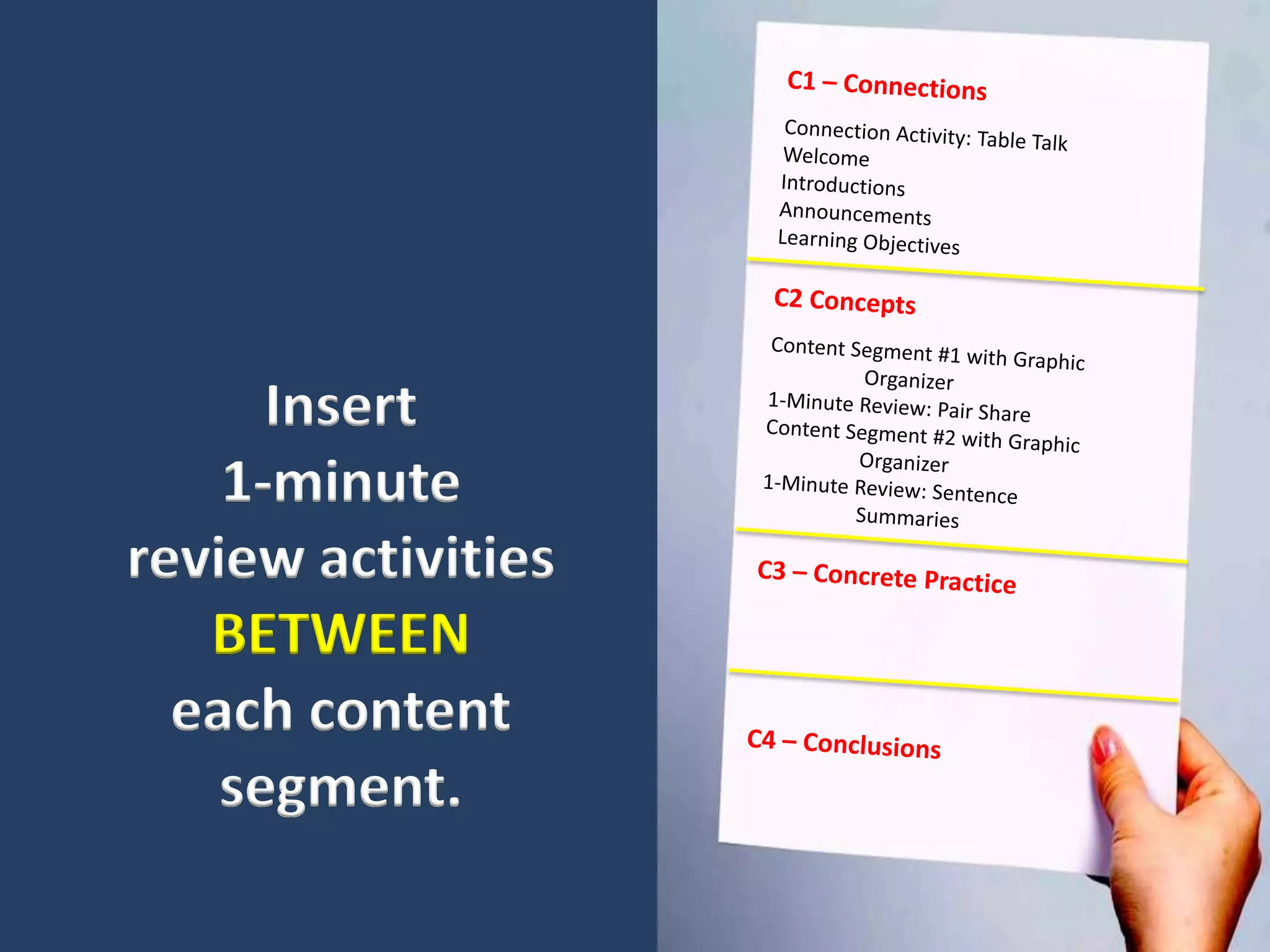 Insert
    1-minute
review activities
   BETWEEN
  each content
    segment.
 