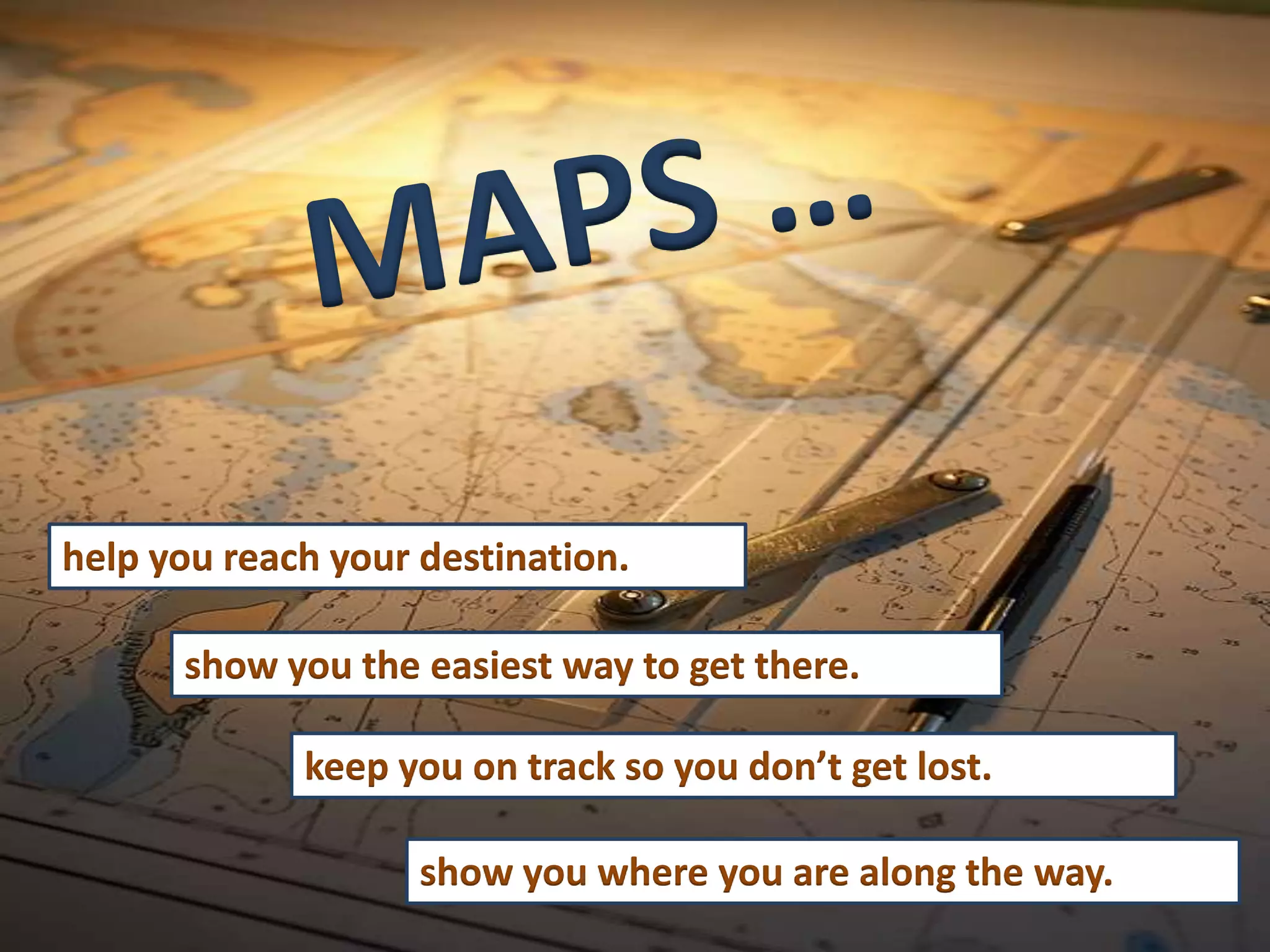 help you reach your destination.

      show you the easiest way to get there.

             keep you on track so you don’t get lost.

                    show you where you are along the way.
 