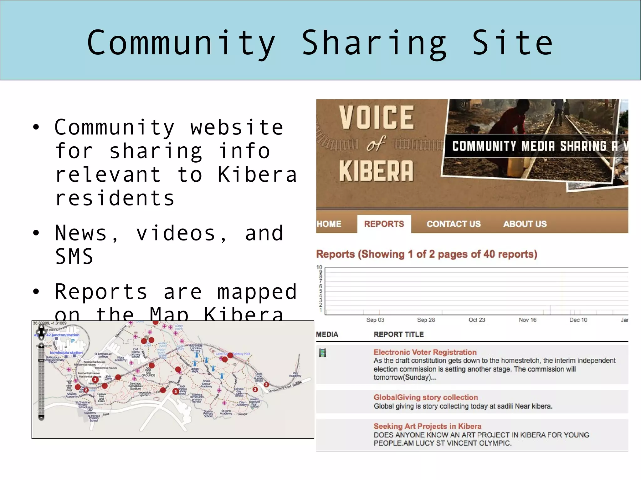 Community website for sharing info relevant to Kibera residents  News, videos, and SMS Reports are mapped on the Map Kibera map  Community Sharing Site 
