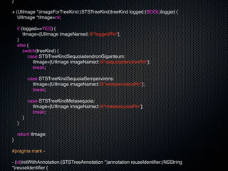 }

+ (UIImage *)imageForTreeKind:(STSTreeKind)treeKind logged:(BOOL)logged {
   UIImage *tImage=nil;

    if (logged==YES) {
        tImage=[UIImage imageNamed:@"loggedPin"];
    }
    else {
               MKPinAnnotationColorRed
        switch(treeKind) {
           case STSTreeKindSequoiadendronGiganteum:
             tImage=[UIImage imageNamed:@"sequoiadendronPin"];
             break;

            case STSTreeKindSequoiaSempervirens:
              tImage=[UIImage imageNamed:@"sempervirensPin"];
              break;
                MKPinAnnotationColorPurple
            case STSTreeKindMetasequoia:
              tImage=[UIImage imageNamed:@"metasequoiaPin"];
              break;
        }
    }

    return tImage;
}

#pragma mark -

- (id)initWithAnnotation:(STSTreeAnnotation *)annotation reuseIdentifier:(NSString
*)reuseIdentifier {
 