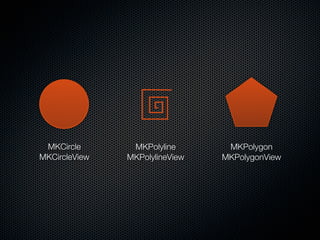 MKCircle       MKPolyline       MKPolygon
MKCircleView   MKPolylineView   MKPolygonView
 