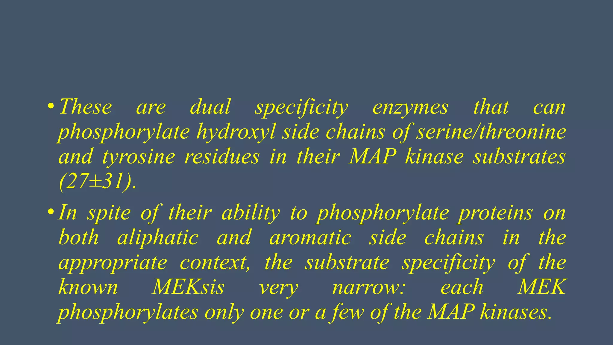 • These are dual specificity enzymes that can
phosphorylate hydroxyl side chains of serine/threonine
and tyrosine residues in their MAP kinase substrates
(27±31).
• In spite of their ability to phosphorylate proteins on
both aliphatic and aromatic side chains in the
appropriate context, the substrate specificity of the
known MEKsis very narrow: each MEK
phosphorylates only one or a few of the MAP kinases.
 