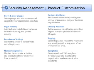 Security Management | Product Customization

Users & User groups                        Custom Attributes
Create groups and user access model        Add custom attributes to define your
specific to your organization structure    service or process as per your business
                                           requirements
Login History                              Classify Accounts
Activity history visibility of each user   Define Account classification according
for better auditing and system             to your business process and service
security                                   life cycle.

Permission Settings                        Tagging
Control the access to the software         Create tag names relevant to your work
according to users                         and attach/detach at any point of the
                                           work item life cycle.

Monitor employees                          Templates
Monitor the accounts, activities           Create email and SMS templates
and schedules of your employees            for easy usage and maintain the
from your desk                             organization level communication
                                           standards
 