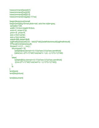 newcommand{posit}{1}
newcommand{xx}{4.6}
newcommand{dd}{0.4}
newcommand{negat}{(-1)*xx}
begin{tikzpicture}small
begin{axis}[trig format plots=rad, axis line style=gray,
samples=120,
width=12.0cm,height=9.0cm,
xmin=0, xmax=2*pi,
ymin=-6, ymax=6,
axis x line=center,
axis y line=center,
xlabel=$t$,ylabel=$x$]
pgfmathparse{ceil((xx - dd)/(2*dd))}edefstoreresult{pgfmathresult}
FPeval{nn}{storeresult};
foreach i in {1,...,nn} {
ifnumposit = 0{
addplot[red,domain=(i-1)*pi/ww:(i)*pi/ww,semithick]
{(abs(xx) -(2*i-1)*dd)*cos(ww*x + pi) - ((-1)^(i-1))*dd};
}
else{
addplot[blue,domain=(i-1)*pi/ww:(i)*pi/ww,semithick]
{((xx-(2*i-1)*dd)*cos(ww*x) + ((-1)^(i-1))*dd)};
}
fi
}
end{axis}
end{tikzpicture}
end{document}
 