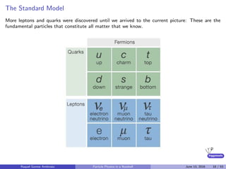 higgstools
The Standard Model
More leptons and quarks were discovered until we arrived to the current picture: These are the
fundamental particles that constitute all matter that we know.
Raquel Gomez Ambrosio Particle Physics in a Nutshell June 13, 2016 18 / 53
 