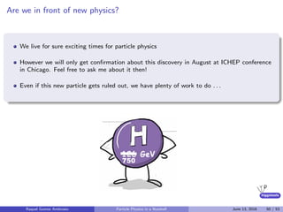 higgstools
Are we in front of new physics?
We live for sure exciting times for particle physics
However we will only get conﬁrmation about this discovery in August at ICHEP conference
in Chicago. Feel free to ask me about it then!
Even if this new particle gets ruled out, we have plenty of work to do . . .
Raquel Gomez Ambrosio Particle Physics in a Nutshell June 13, 2016 50 / 53
 