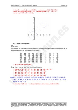 Aprenda Maple 9.5 como si estuviera en primero                                                                Página 149


     > data1:=[random[normald](30), random[normald[3,1]](20)]:
     data2:=[random[normald](30), random[normald[3,1]](20)]:
     scatterplot(data1, data2);




    5.7.1. Ejercicios globales
 Ejercicio 1
 Determinar las características de tendencia central y de dispersión más importantes de la
 siguiente muestra de 50 edades de ejecutivos.

                    38       50        35      46      63        69        54       62      68       40
                    48       44        55      43      42        59        54       57      47       46
                    42       60        43      64      49        36        59       42      60       38
                    61       56        51      50      66        63        57       51      38       45
                    62       37        50      44      48        69        64       56      53       52
     > with(stats[describe]):

 Lo primero es crear una lista con todos los datos.
     >   datos:=[38,          50,    35,    46,     63,   69,    54,    62, 68, 40,
     >   48, 44, 55,          43,    42,    59,     54,   57,    47,    46,
     >   42, 60, 43,          64,    49,    36,     59,   42,    60,    38,
     >   61, 56, 51,          50,    66,    63,     57,   51,    38,    45,
     >   62, 37, 50,          44,    48,    69,     64,   56,    53,    52];
datos := [ 38, 50, 35, 46, 63, 69, 54, 62, 68, 40, 48, 44, 55, 43, 42, 59, 54, 57, 47, 46, 42,
    60, 43, 64, 49, 36, 59, 42, 60, 38, 61, 56, 51, 50, 66, 63, 57, 51, 38, 45, 62, 37, 50, 44,
    48, 69, 64, 56, 53, 52 ]
     > smartplot(datos); histogram(datos,area=count,numbars=20);




 Copyright © 2004 Sara Aguarón Iraola, Unai Arrieta Salgado, Joseba Ezeiza Arregi, Aitor Erdozain Ibarra, Cristina
 Pastor Coello, Javier Iriarte Ibañez, Carlos Bastero de Eleizalde. Está prohibida la reproducción total o parcial con fines
 comerciales y por cualquier medio del contenido de estas páginas. Sólo está permitida su impresión y utilización con
 fines personales.
 