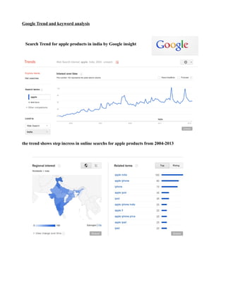 Google Trend and keyword analysis
Search Trend for apple products in india by Google insight
the trend shows step incress ...