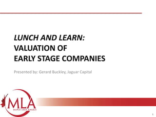 1
LUNCH AND LEARN:
VALUATION OF
EARLY STAGE COMPANIES
Presented by: Gerard Buckley, Jaguar Capital
 