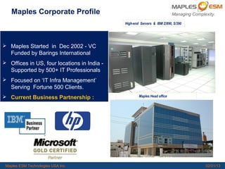1



         Maples Corporate Profile                                                                Managing Complexity.

                                                                    High-end Servers & IBM Z/890, S/390




 Maples Started in Dec 2002 - VC
        Funded by Barings International
 Offices in US, four locations in India -
        Supported by 500+ IT Professionals
 Focused on ‘IT Infra Management’
        Serving Fortune 500 Clients.
 Current Business Partnership :                                            Maples Head office




   Maples ESM Technologies USA Inc.
Copyright © 2008,Maples ESM Technologies Inc. All Rights Reserved                                               02/01/13
 