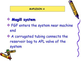 Magill system FGF enters the system near machine end A corrugated tubing connects the reservoir bag to APL valve of the system MAPLESON A  