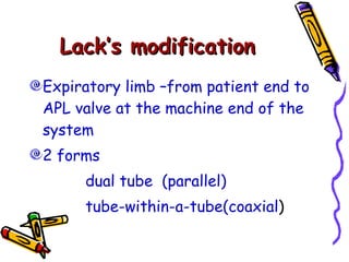 Lack’s modification Expiratory limb –from patient end to APL valve at the machine end of the system 2 forms dual tube  (parallel) tube-within-a-tube(coaxial ) 