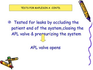 Tested for leaks by occluding the patient end of the system,closing the APL valve & pressurizing the system APL valve opens TESTS FOR MAPLESON A  CONTD. 