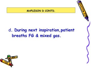 d . During next inspiration,patient breaths FG & mixed gas. MAPLESON D CONTD. 